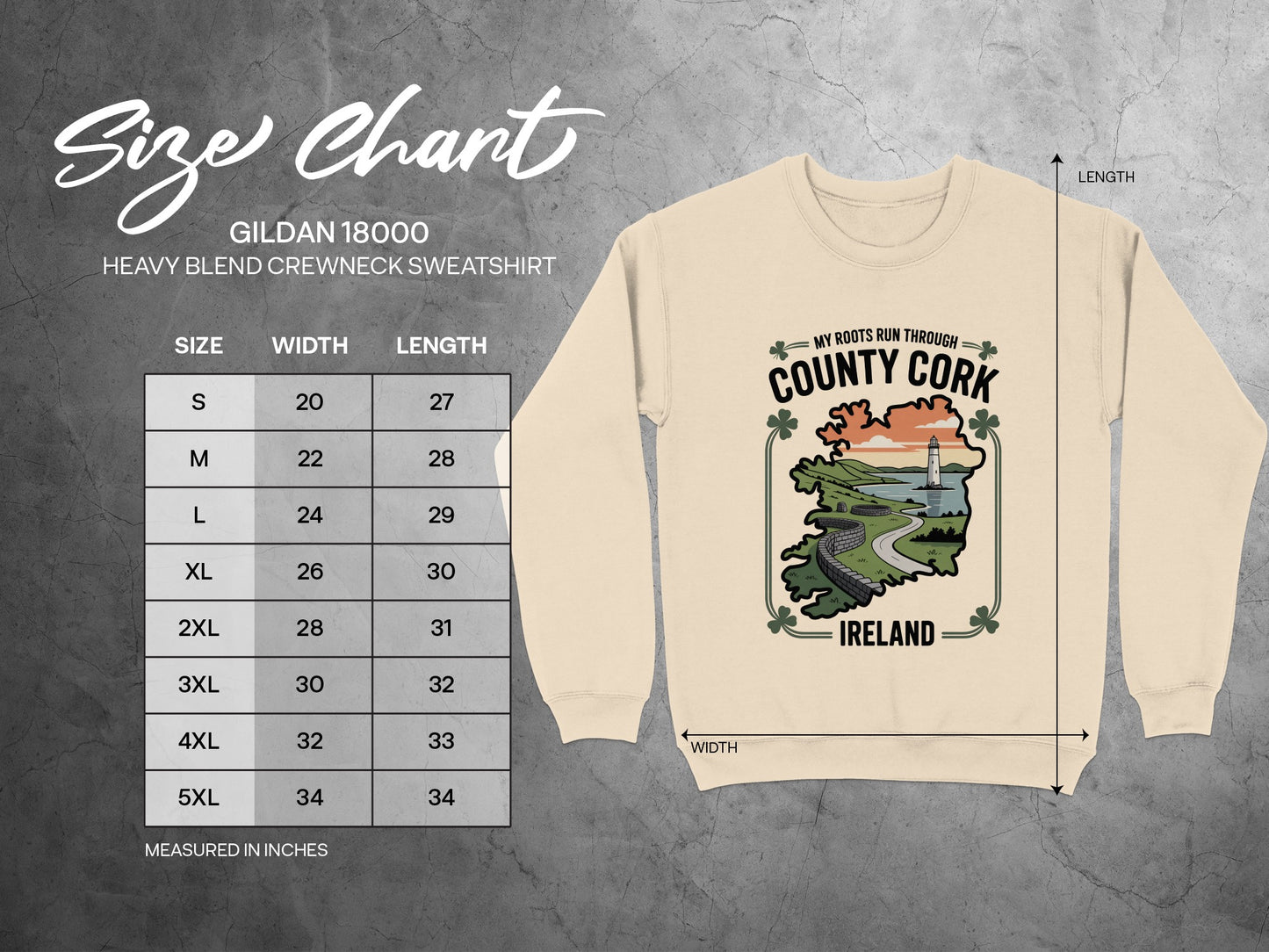 Gildan 18000 Heavy Blend crewneck sweatshirt size chart with measurements.