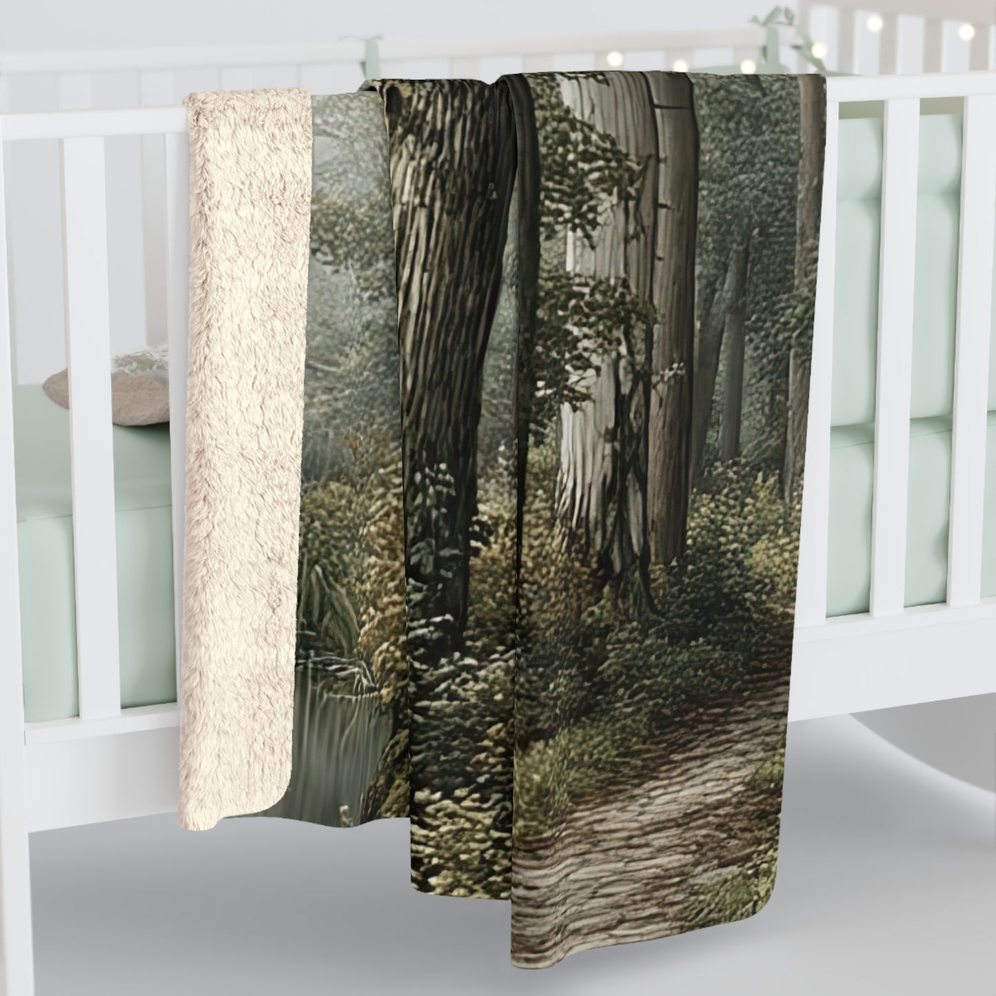 Woodland Mist sherpa blanket — cozy forest fleece throw, nature lover gift, rustic home decor