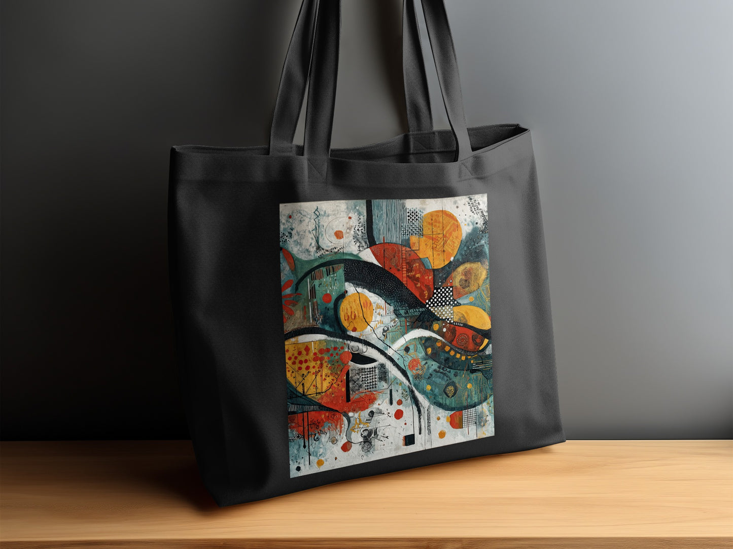 Vibrant Abstract Circles Lines Black Tote Bag product type
Tote bag, Abstract art, Modern design, Colorful print, Vibrant circles, Artistic graphic, Unique accessory, Geometric patterns, Contemporary style, Fashion tote, Shopper bag, Reusable carryall, Statement piece, Orange yellow, Teal red, Black bag, Abstract print, Modern art, Tote bag art, Designer tote