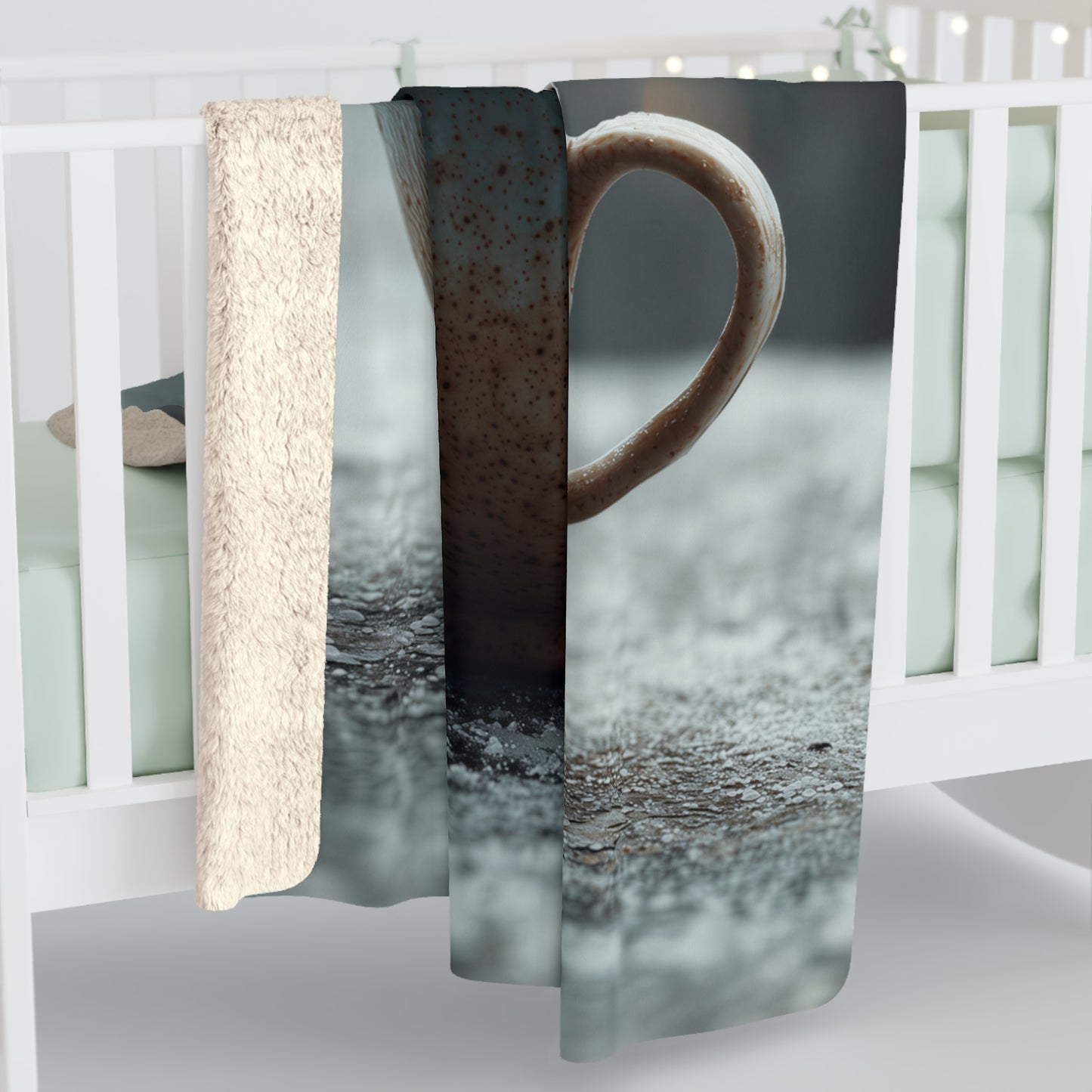 Cozy Winter Cabin Mug sherpa fleece blanket — warm holiday throw, Christmas gift, rustic cottagecore decor