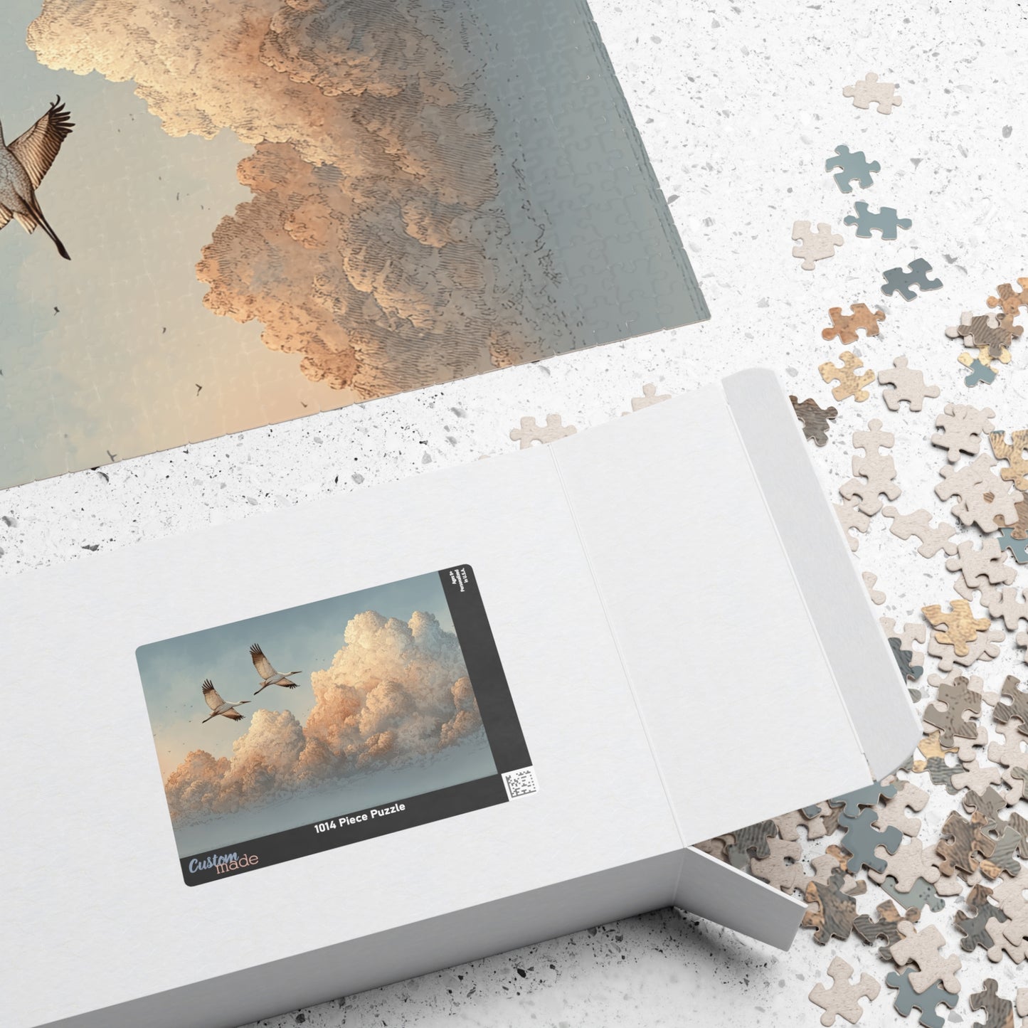 Soaring Cranes Over Cloudscape Jigsaw Puzzle — Calming Sky Art Puzzle 520/1014 pcs)