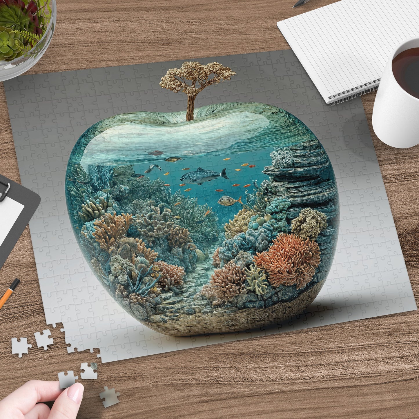 Apple-shaped puzzle showing an underwater coral reef ecosystem with fish.