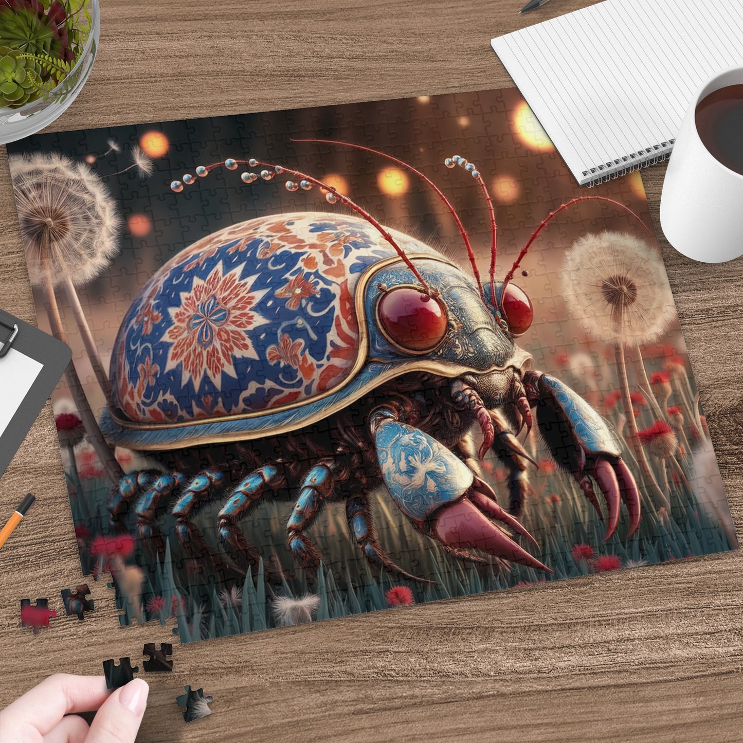 Ornate beetle puzzle pieces arranged on a wooden table with dandelions and coffee.
