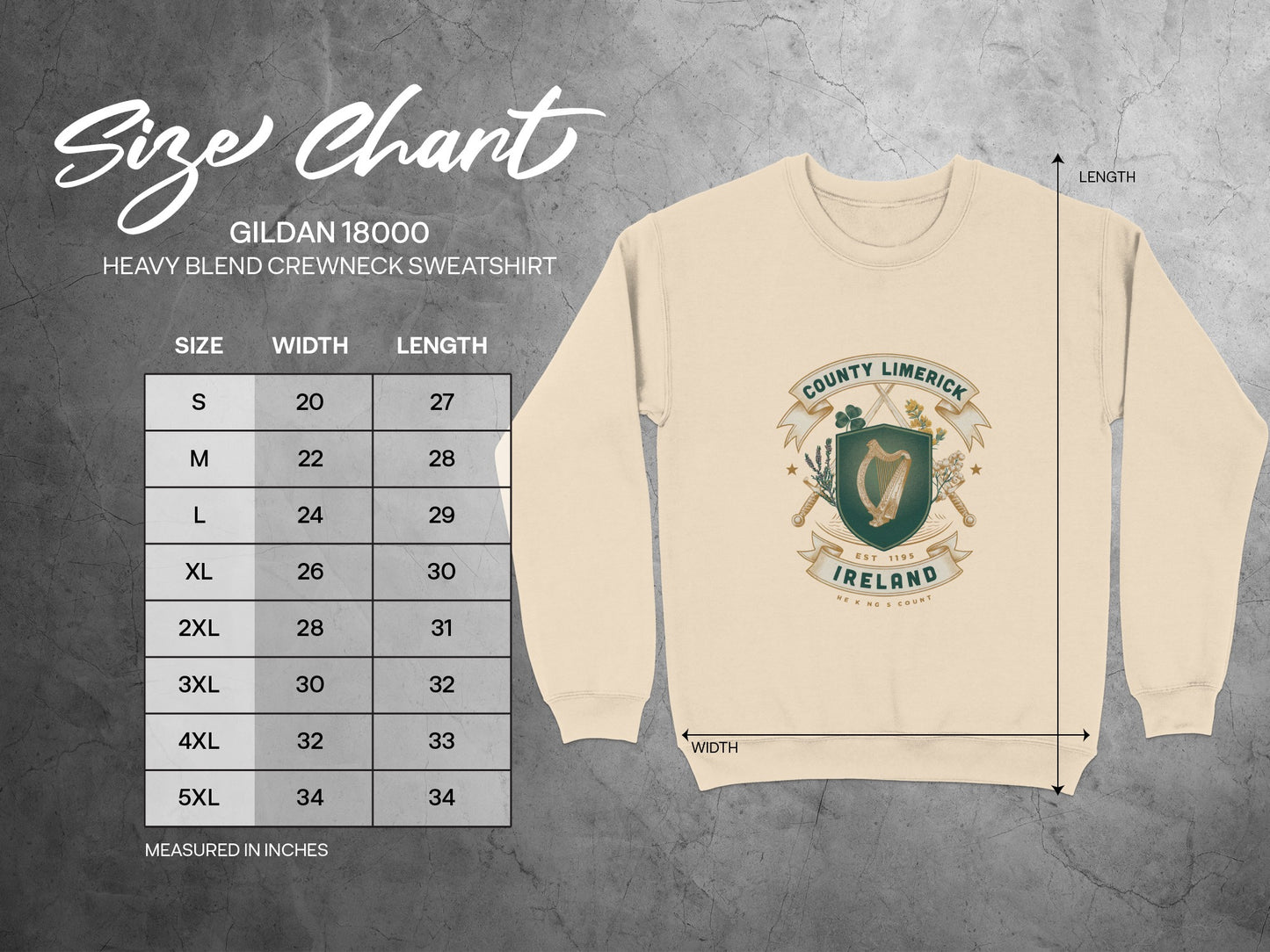 Gildan 18000 sweatshirt size chart with width and length measurements in inches.