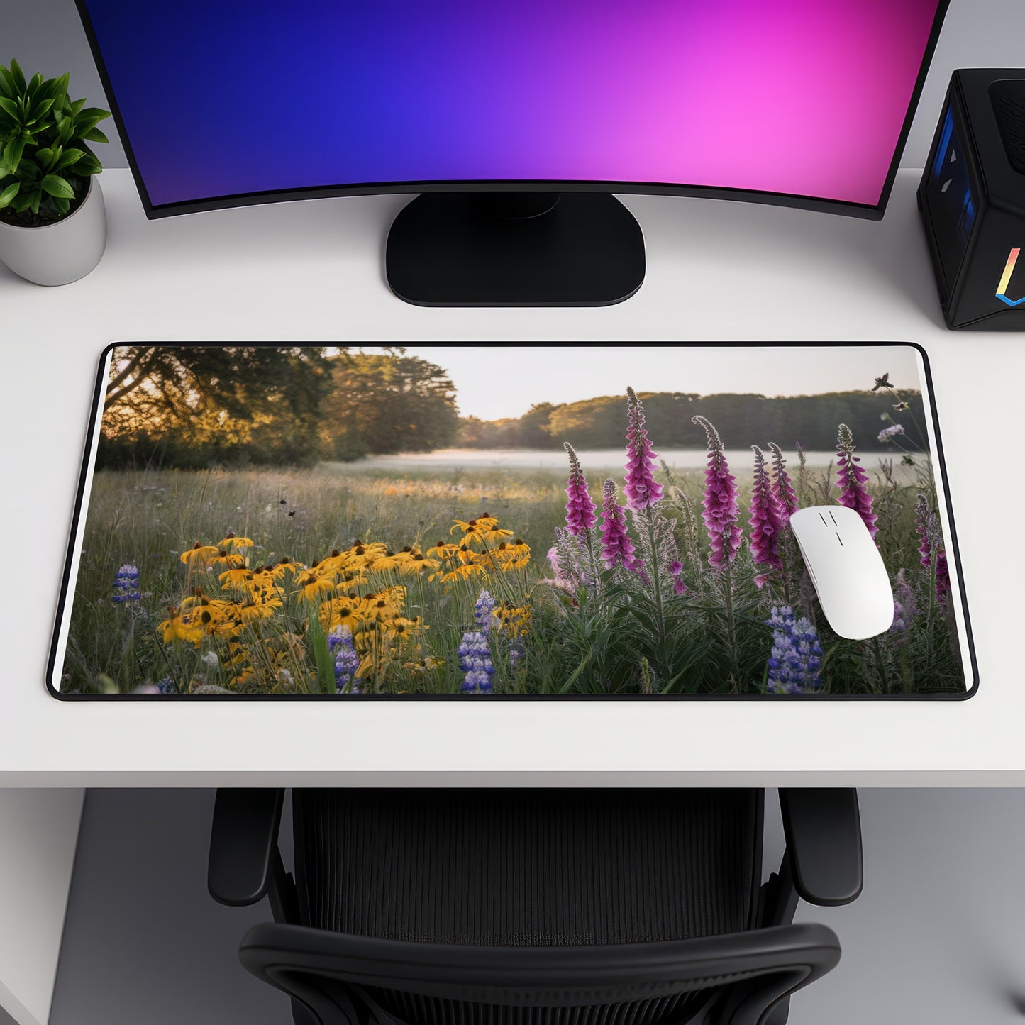 Mousepad featuring a scenic meadow with yellow and purple wildflowers at sunrise.