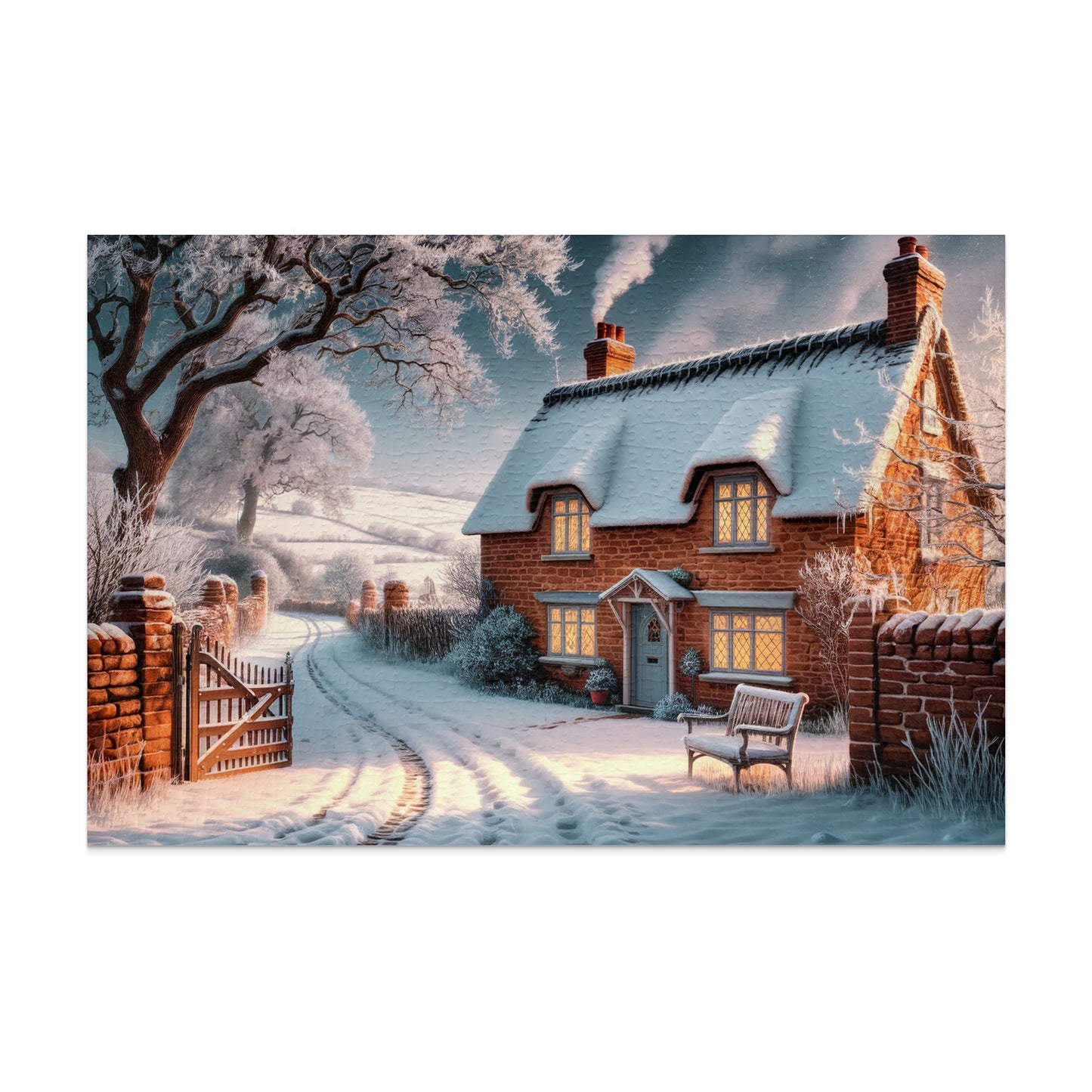Snow-covered cottage with smoke from chimney, open wooden gate, and a bench.