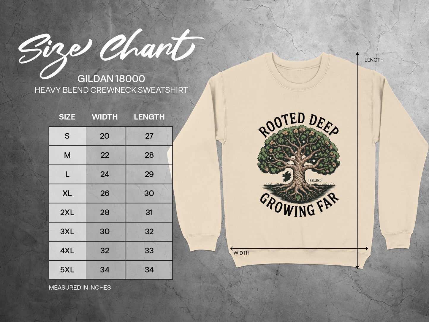 Gildan 18000 size chart for Heavy Blend crewneck sweatshirt with measurements in inches.