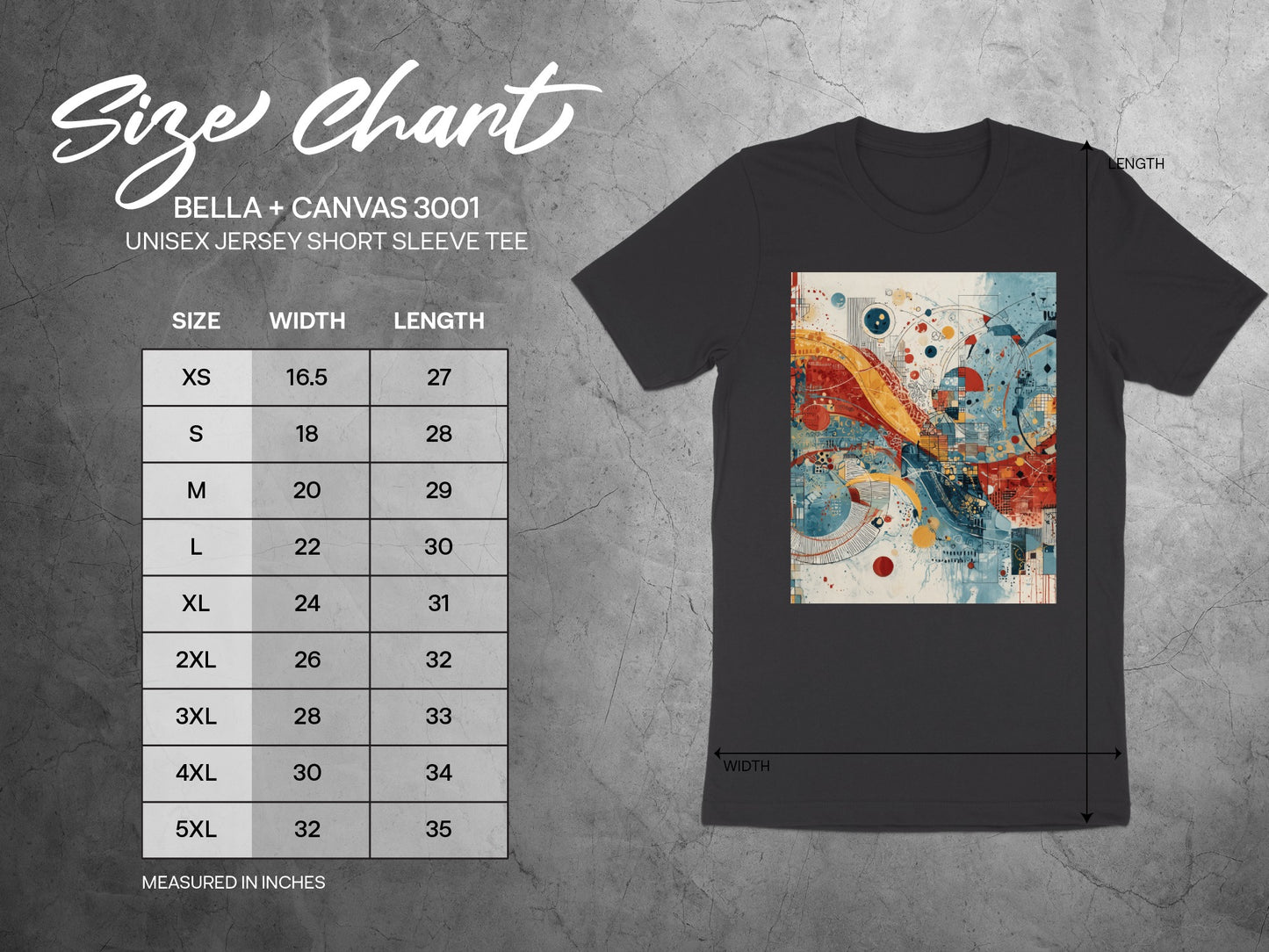 BELLA + CANVAS 3001 UNISEX JERSEY SHORT SLEEVE TEE product type
Bella Canvas 3001
Unisex T-Shirt
Short Sleeve Top
Abstract Art Print
Geometric Pattern
Colorful Design
Modern Graphic Tee
Vibrant Artwork
Artistic Apparel
Unique Fashion
Graphic Clothing
Contemporary Style
Digital Print Tee
Statement Piece
Everyday Style
Crew Neck Shirt
Printed T-Shirt
Apparel Item
Fashionable Top
Original Art Design