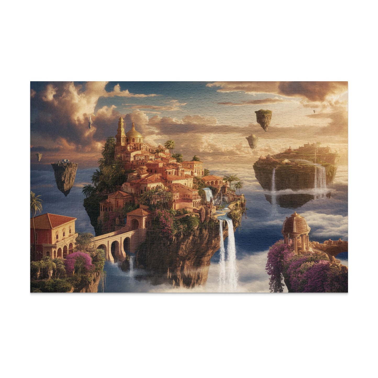 Fantasy puzzle depicting a city built on floating islands with waterfalls and bridges.