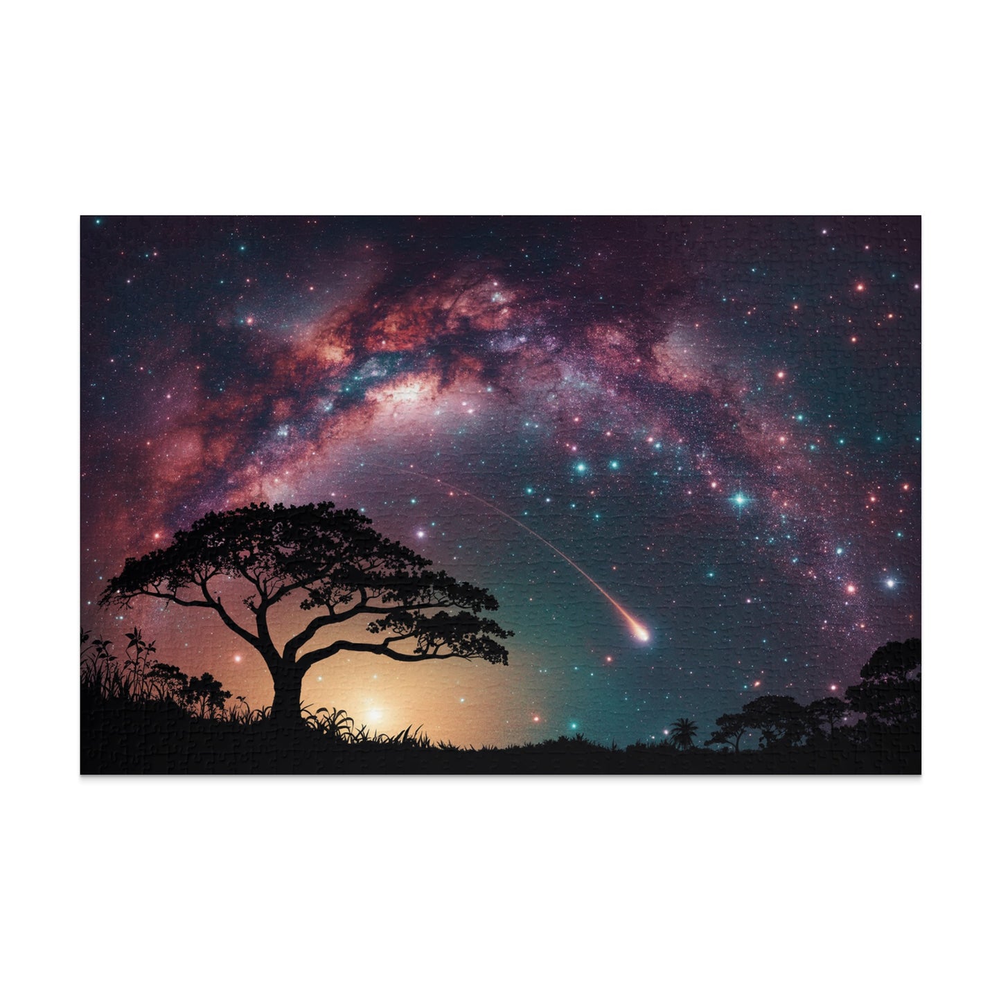 Silhouetted tree and landscape against a vibrant Milky Way with shooting star.
