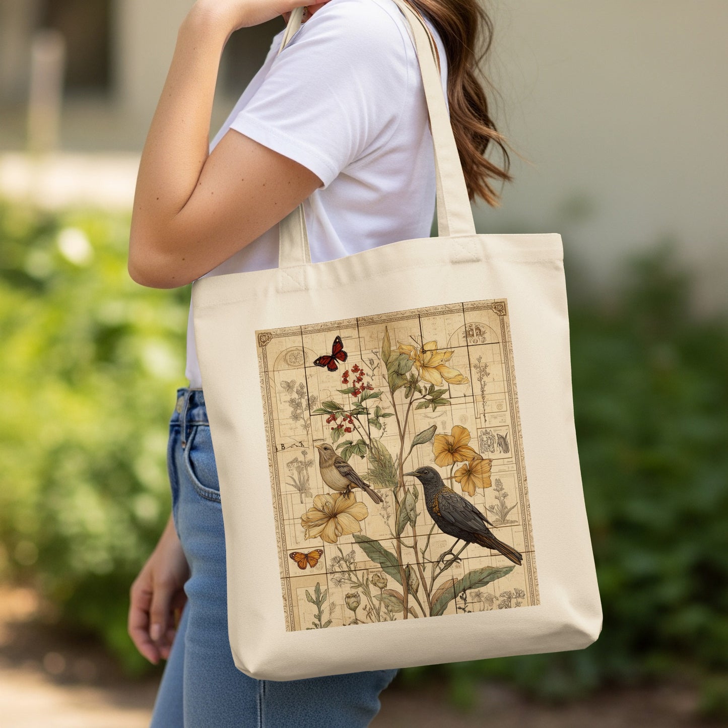 Vintage Botanical Bird Artwork Shopping Bag