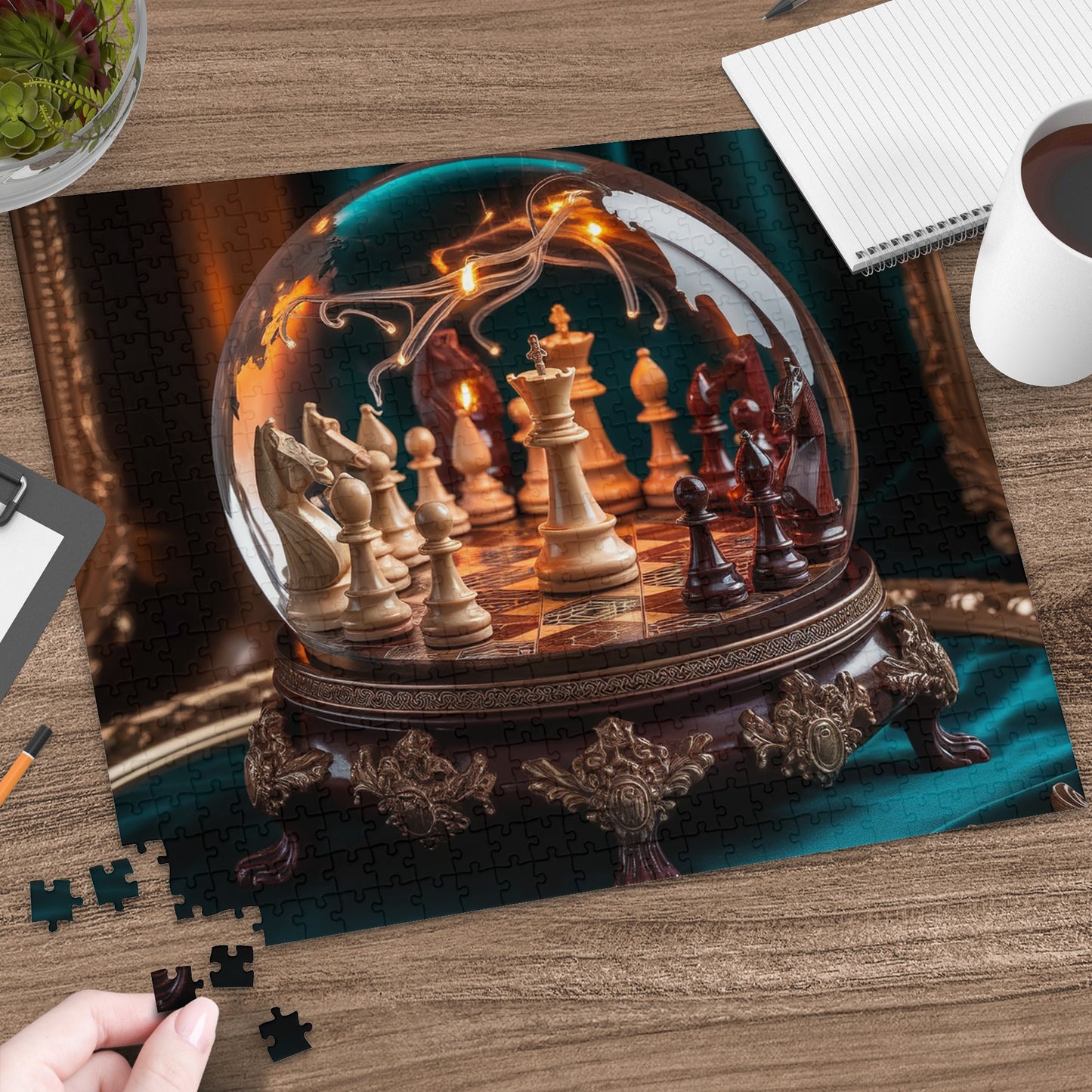 Globe containing a chess set with glowing elements, on a wooden surface.