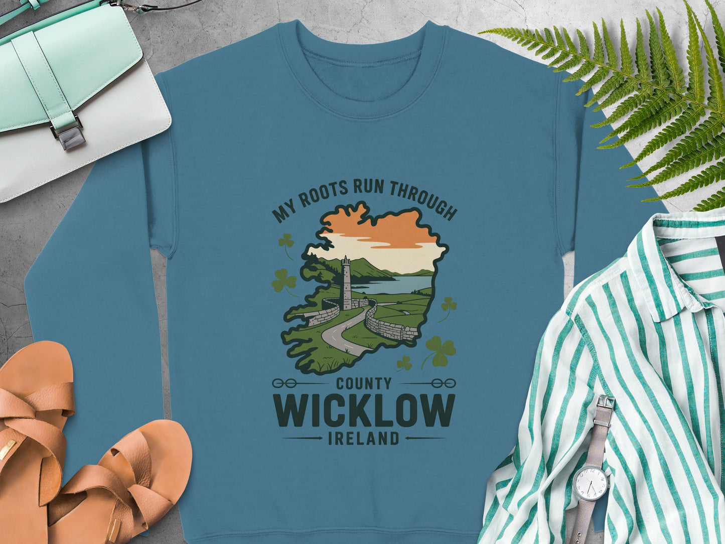 "My Roots Run Through County Wicklow Ireland" graphic on Indigo Blue sweatshirt