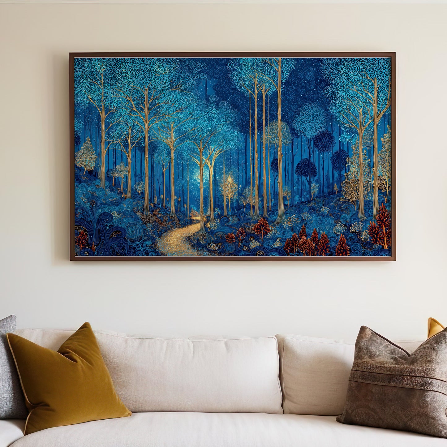 Enchanted Blue Forest Golden Trees Glowing Path wall art product type