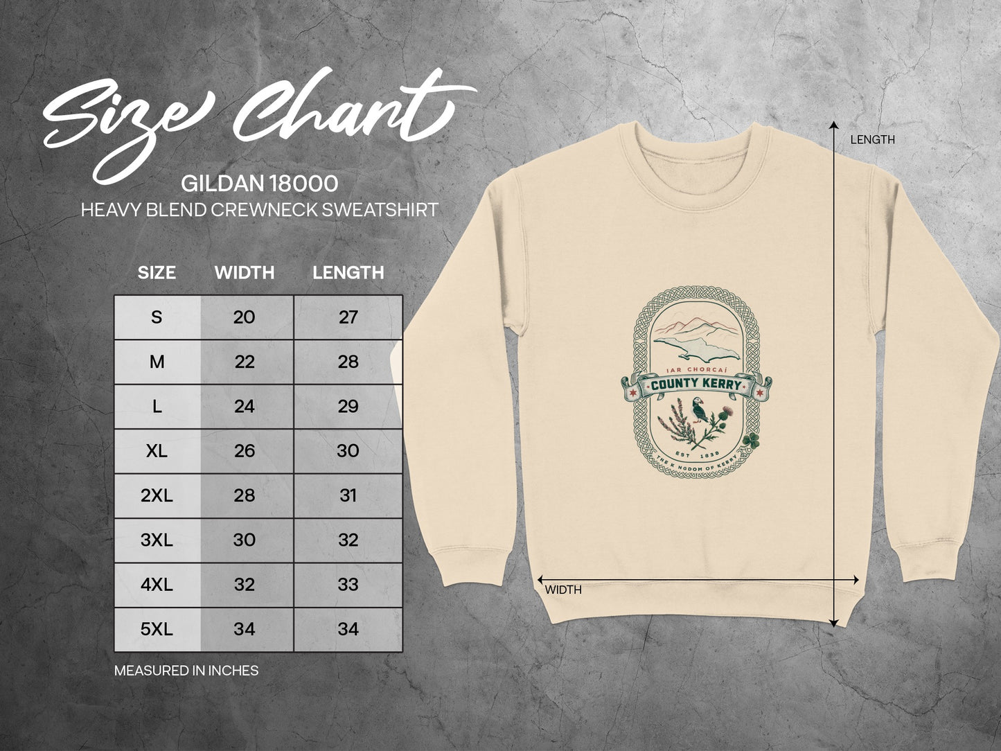 Gildan 18000 heavy blend crewneck sweatshirt size chart with measurements in inches.