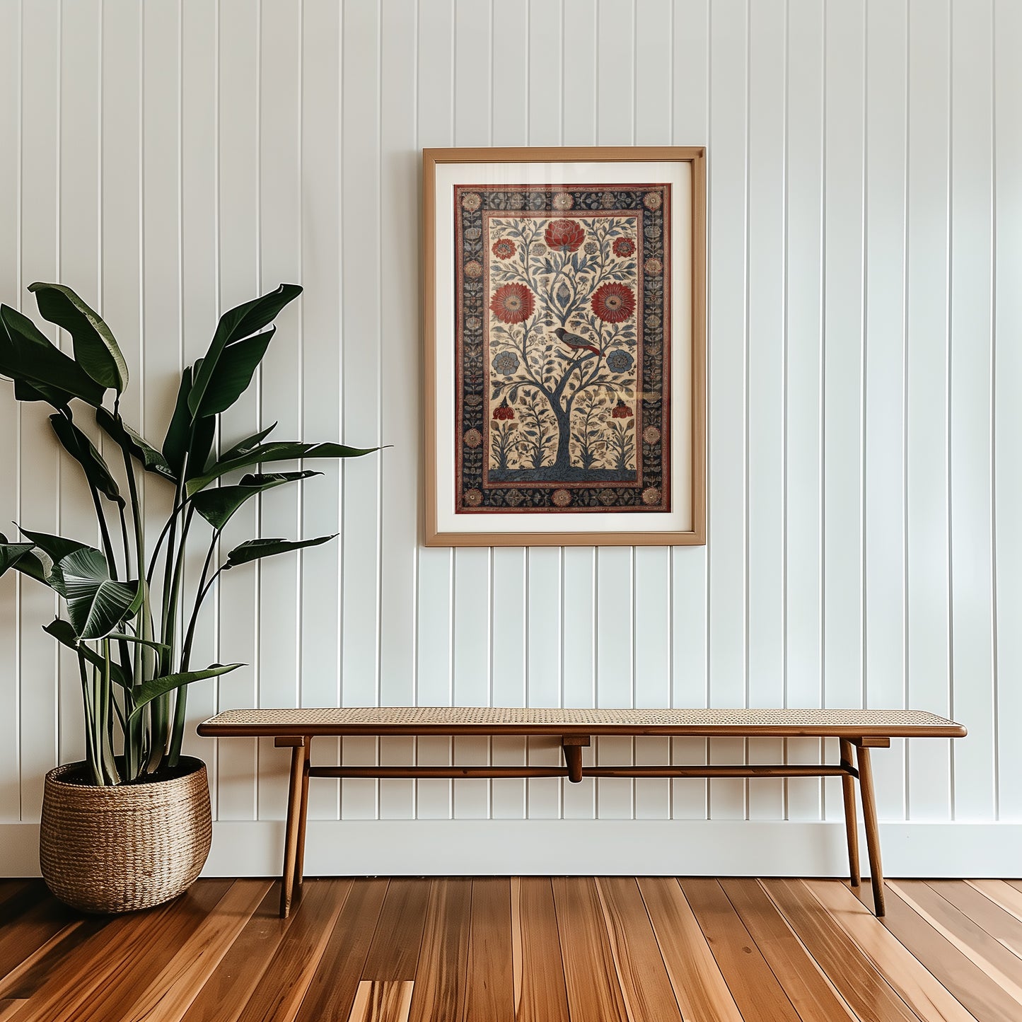 Beautiful Red Floral and Bird Design Framed Wall Art