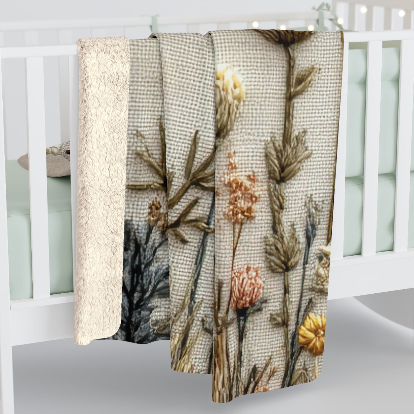Botanical Embroidered Wildflower sherpa blanket — soft floral fleece throw, boho home decor, housewarming gift