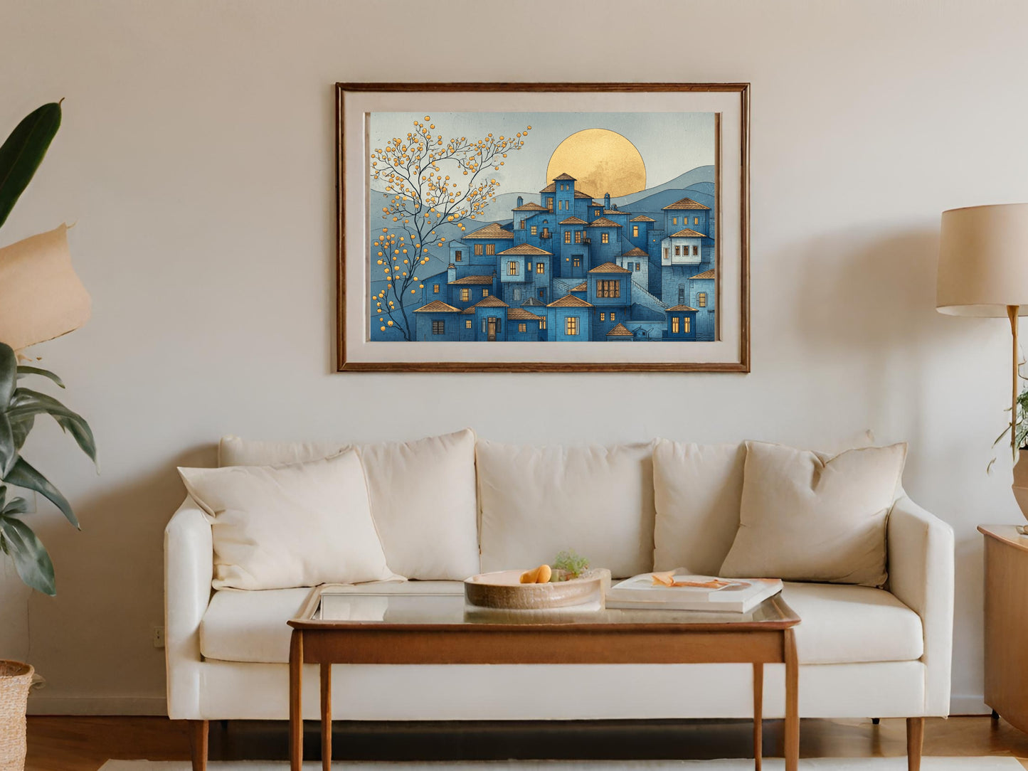 Cozy Living Room with Framed Blue Village Artwork