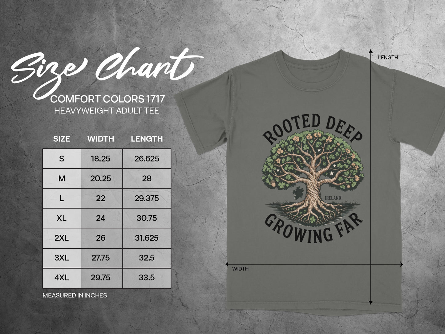 Comfort Colors 1717 adult tee size chart showing width and length measurements in inches.