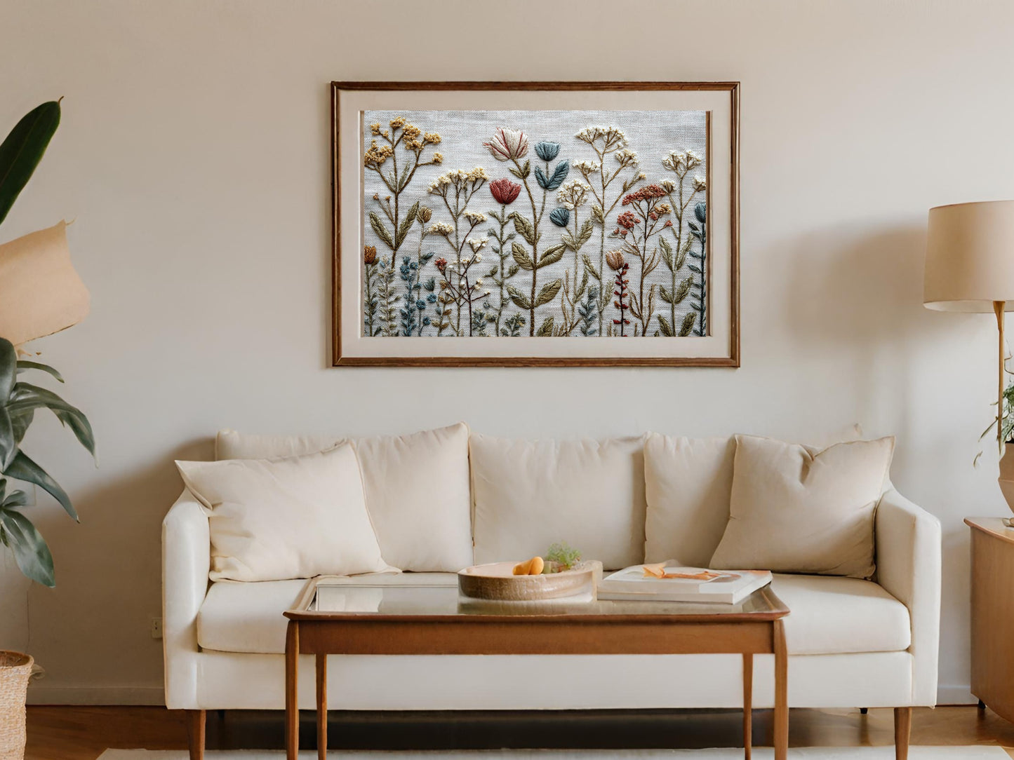 Embroidery artwork of wildflowers above a sofa with a wooden coffee table.