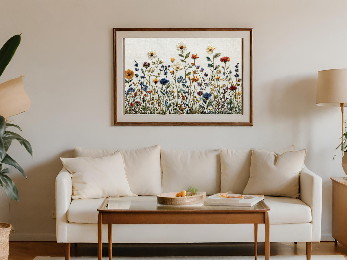 Framed floral embroidery artwork hanging above a white sofa with a wooden coffee table.