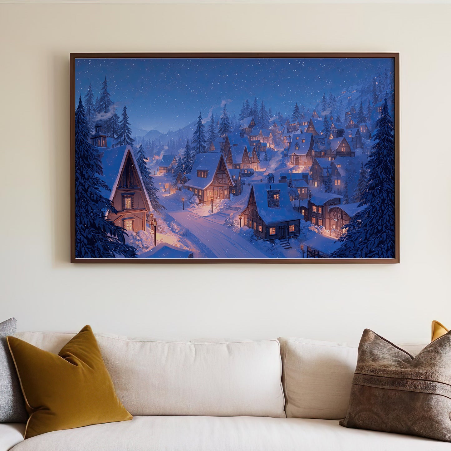 Illuminated Winter Village Snow Night Landscape Art product type
snowy village, winter landscape, night scene, illuminated houses, christmas decor, mountain village, starry sky, cozy art, seasonal print, wall decor, holiday theme, forest trees, snowfall art, scenic view, festive home, artistic painting, winter wonderland, dreamy landscape, evening glow, pine trees