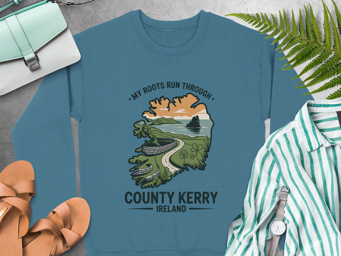 Crewneck sweatshirt with County Kerry Ireland graphic and text.