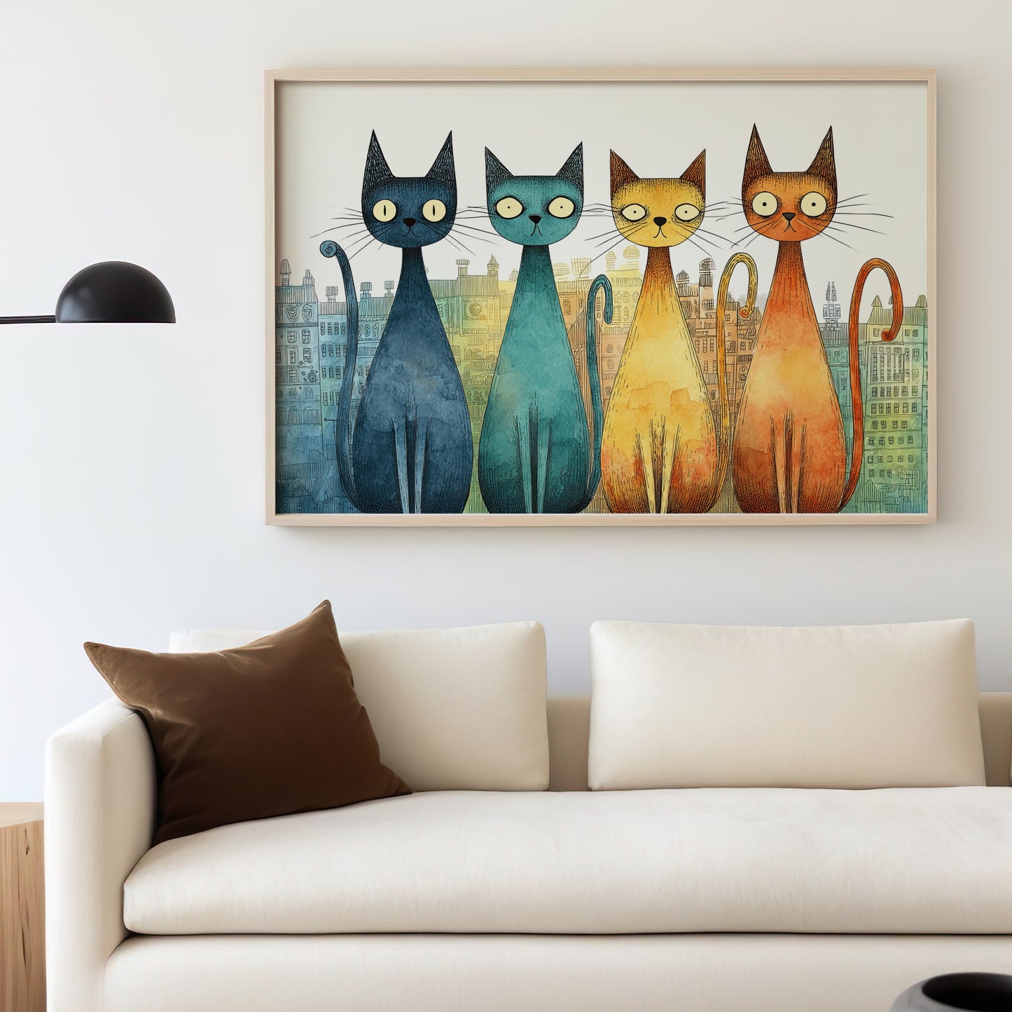 Four colorful cartoon cats sit above a sofa in a living room.