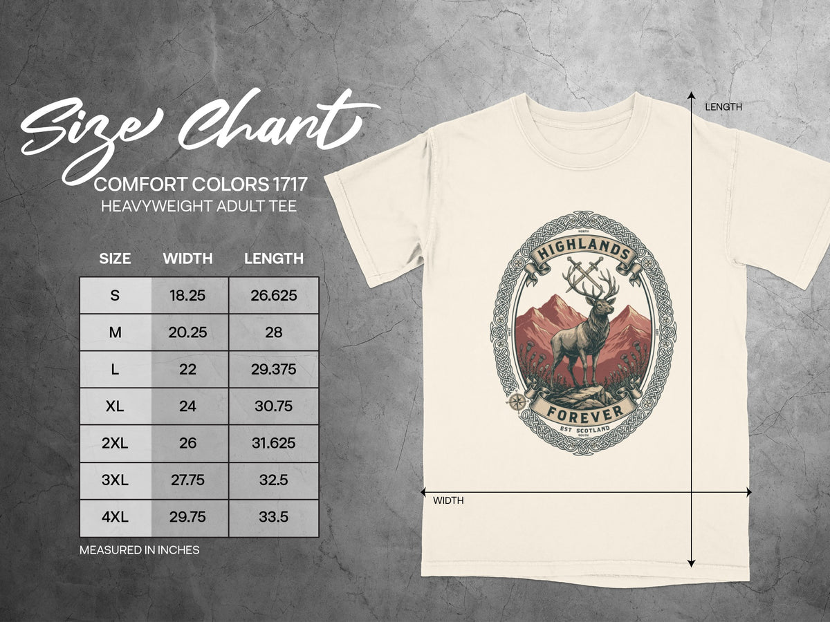 Size chart for Comfort Colors 1717 heavyweight adult tee with measurements.