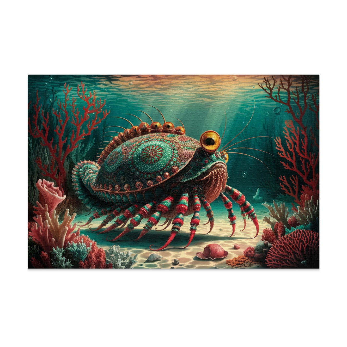 Fantastical crab with ornate shell and red-striped legs on sandy seabed.