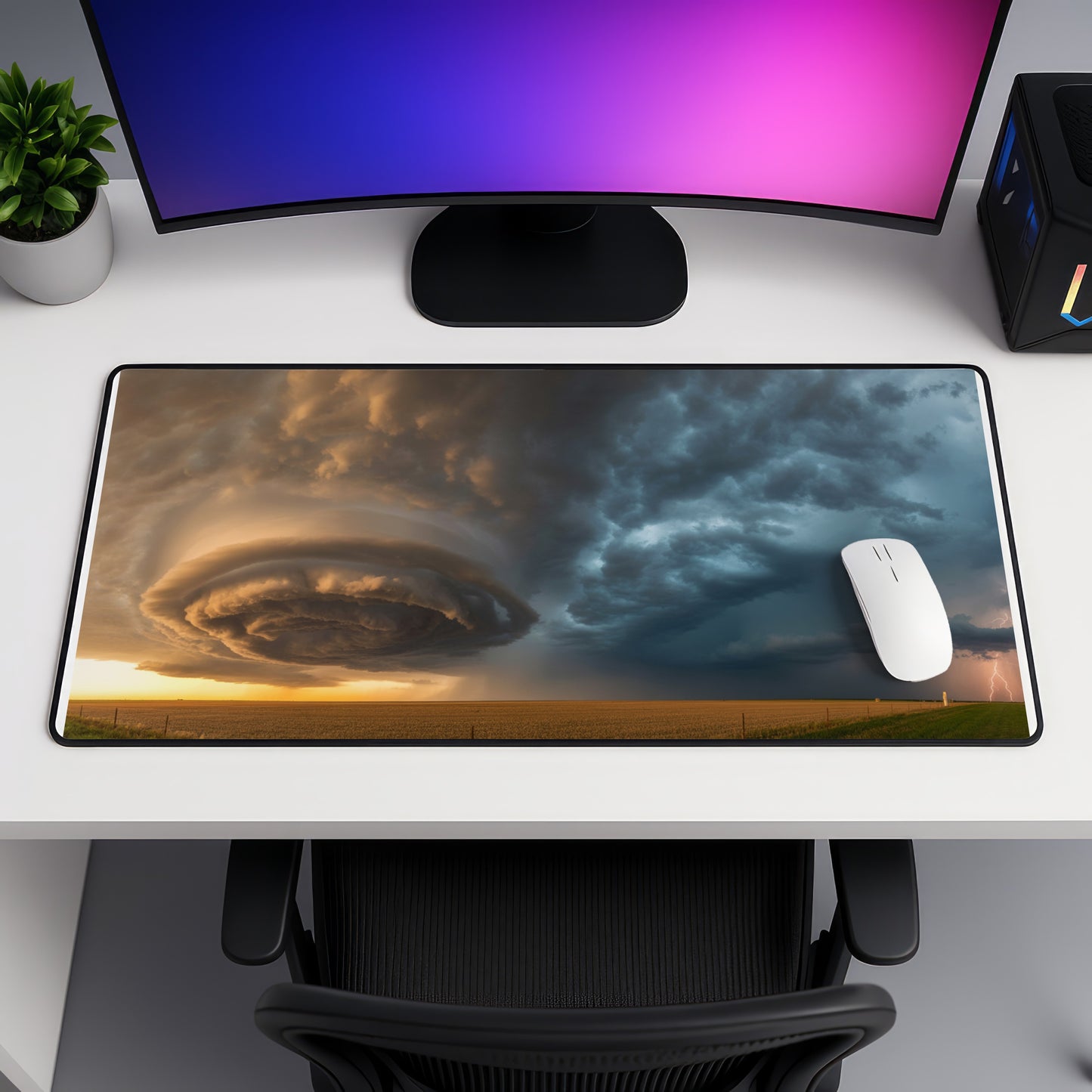 Desk setup with a panoramic mousepad showing a dramatic sunset storm over a wheat field.