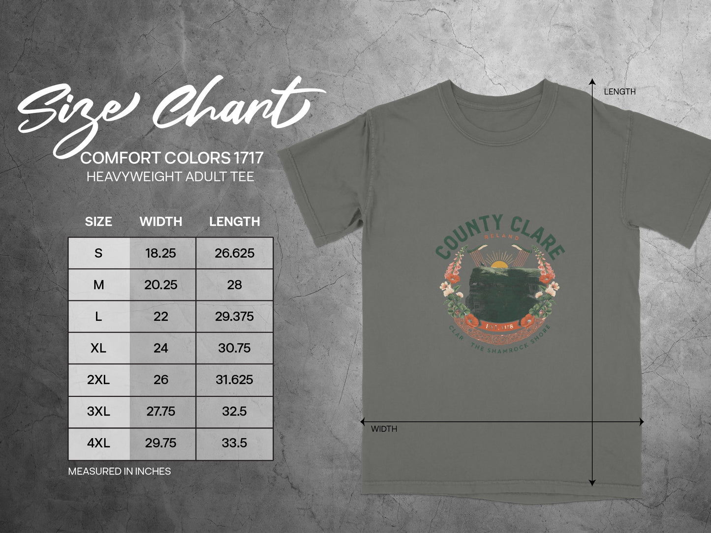 Comfort Colors 1717 heavyweight adult tee size chart with width and length measurements.
