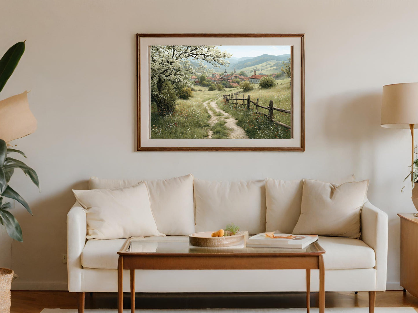 Serene Countryside Pathway with Blossoming Trees Artwork