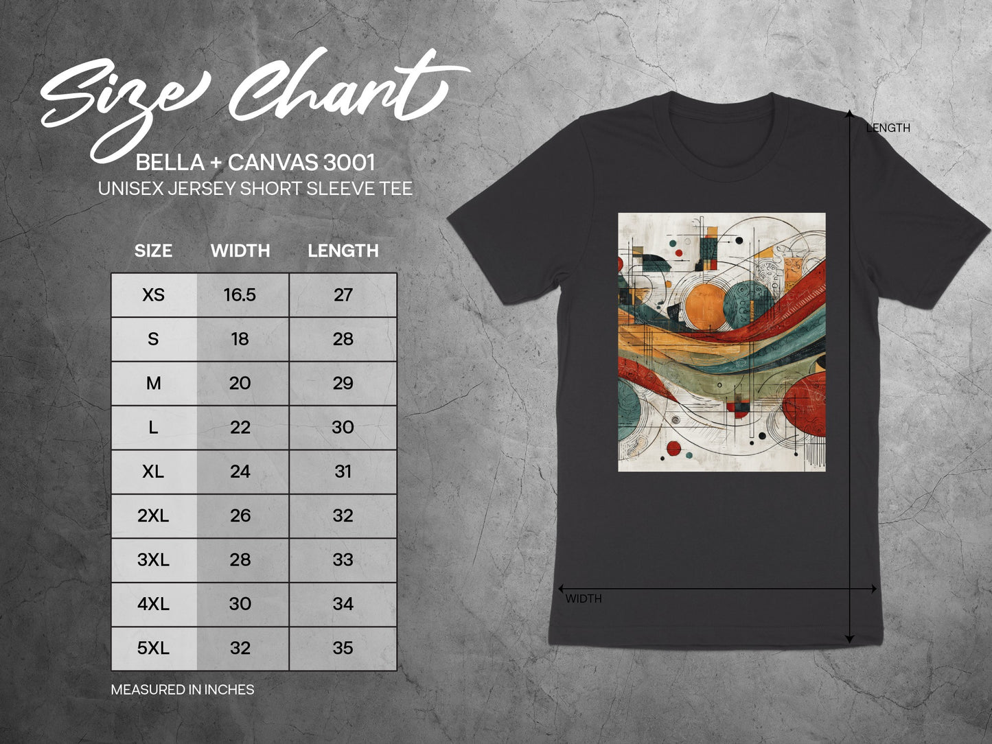 Bella Canvas 3001 Abstract Artistic Pattern Size Chart product type
Bella Canvas 3001, Unisex T-Shirt, Abstract Art, Graphic Tee, Size Chart, Sizing Guide, Apparel Sizing, Clothing Size, Measurement Guide, XS Size, S Size, M Size, L Size, XL Size, 2XL Size, 3XL Size, 4XL Size, 5XL Size, Artistic Tee, Modern Design