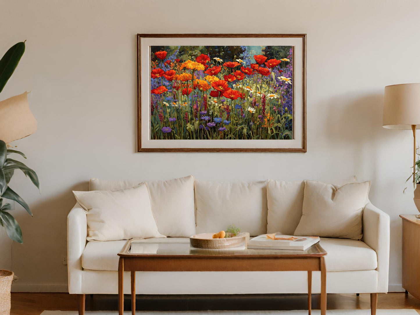 Vibrant poppy field painting above a white sofa and coffee table.