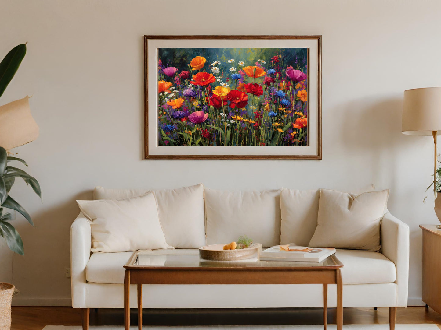 Vibrant floral painting of wildflowers hangs above a white sofa.