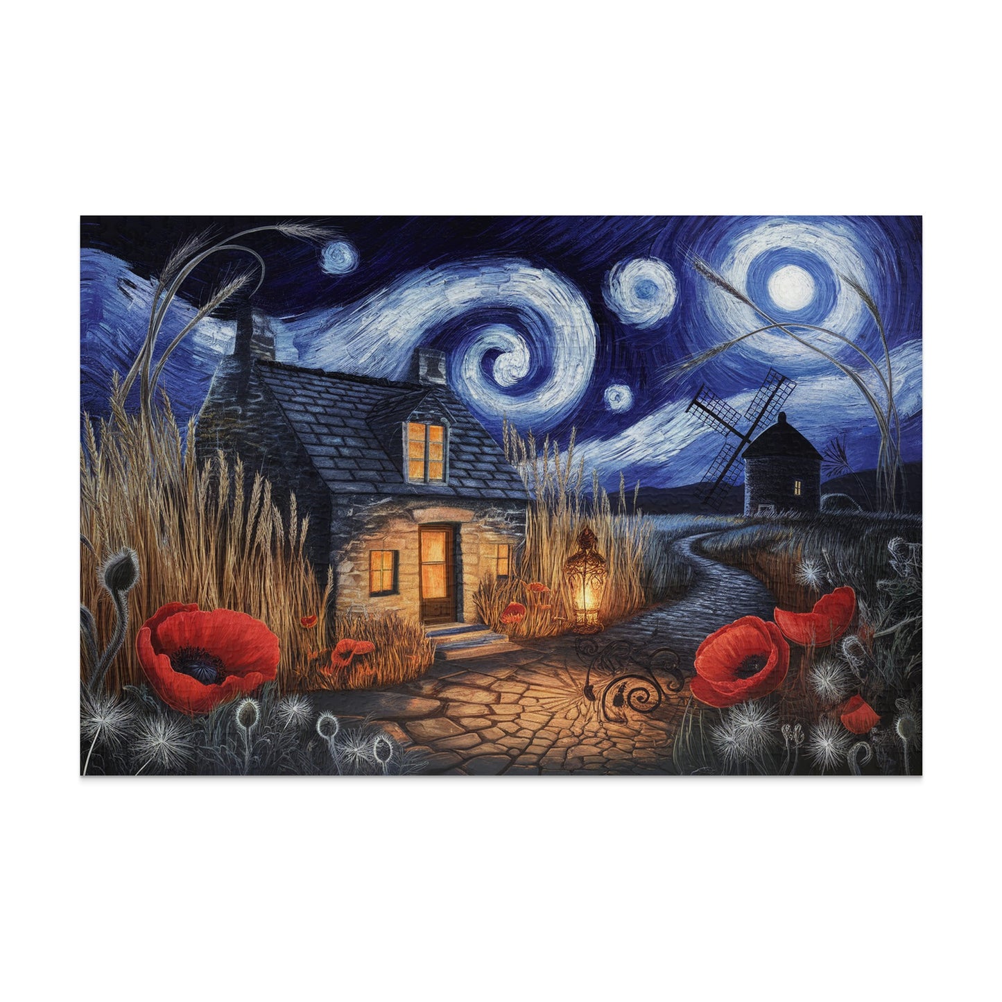 Stone cottage, poppies, and windmill under a swirling starry night sky.