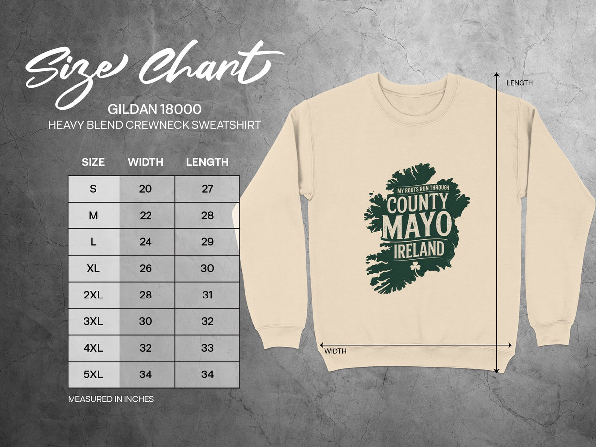 Size chart for Gildan 18000 heavy blend crewneck sweatshirt with dimensions.