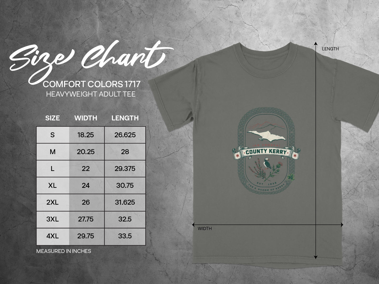 Comfort Colors 1717 heavyweight adult tee size chart with width and length measurements in inches.