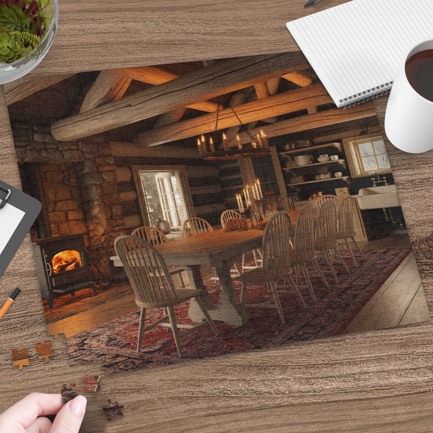 Wooden dining table with chairs in a rustic cabin, puzzle pieces below.