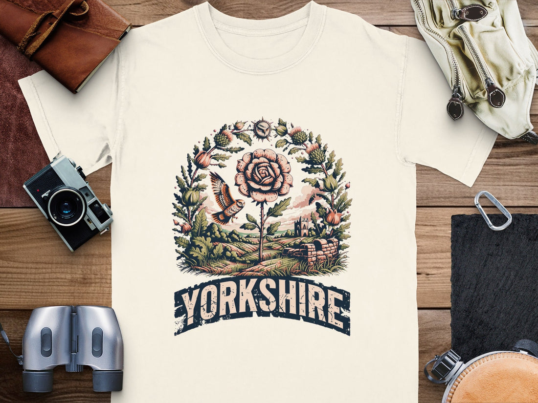 Yorkshire Heritage Rose T-Shirt with botanical white rose design