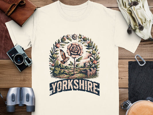 Yorkshire Heritage Rose T-Shirt with botanical white rose design