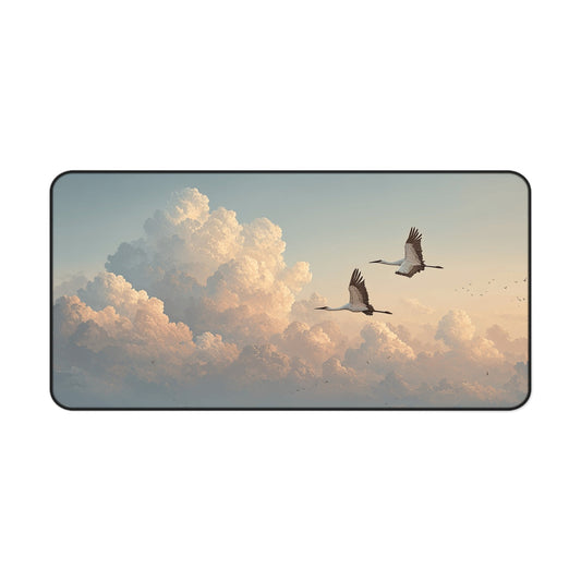 Calm Sky Desk Mat with birds in clouds design on a home office desk