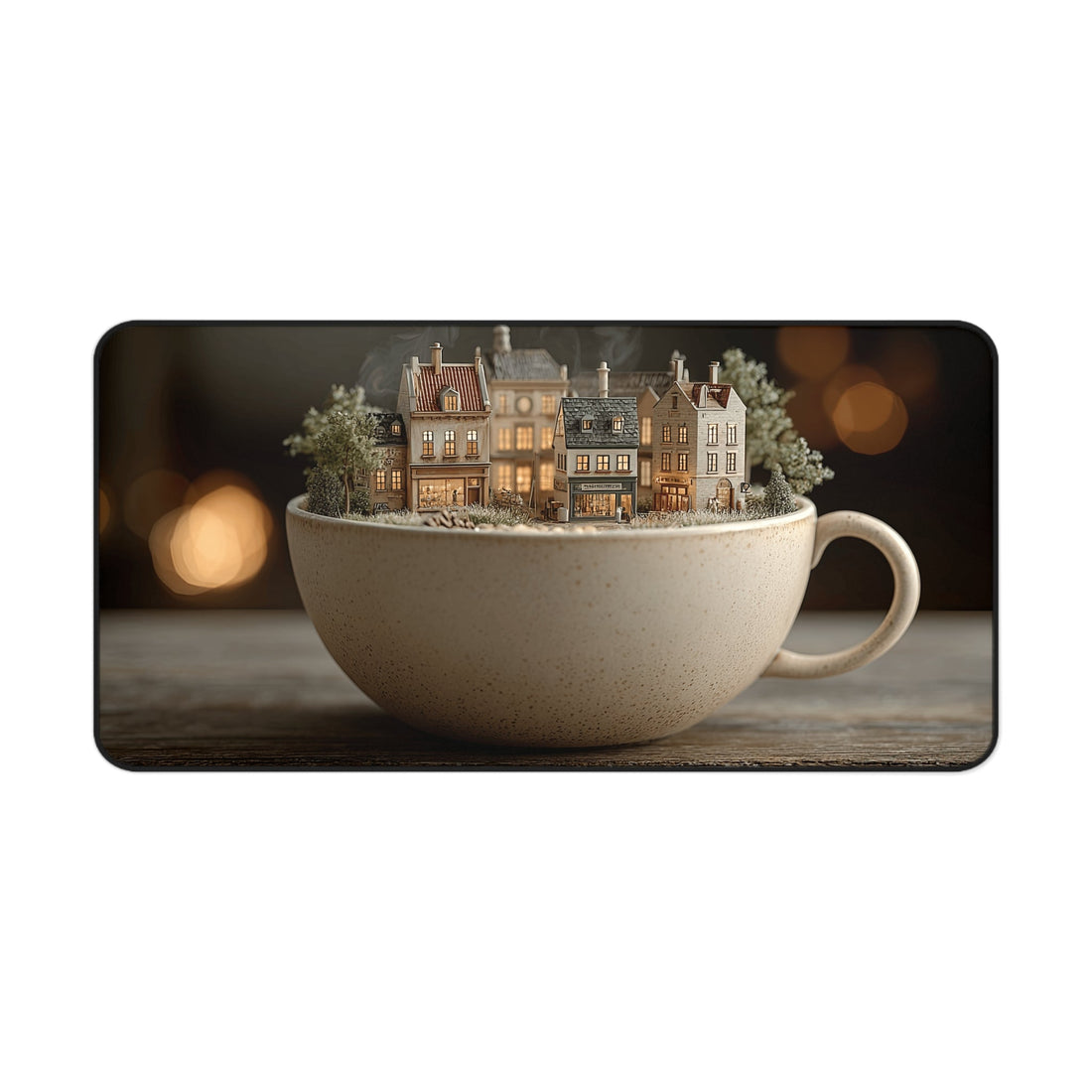 Cozy Miniature Village Desk Mat with warm tea cup town illustration
