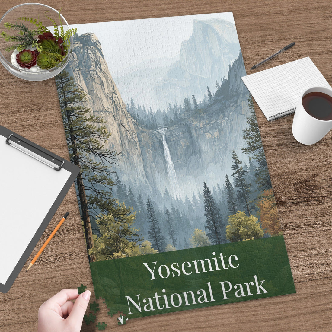 Yosemite National Park Jigsaw Puzzle featuring El Capitan and Half Dome above a forested valley