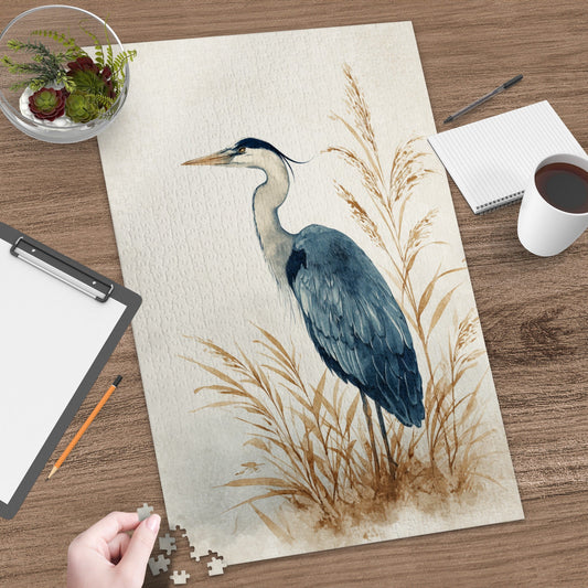 520-piece jigsaw puzzle featuring the Great Blue Heron watercolor design