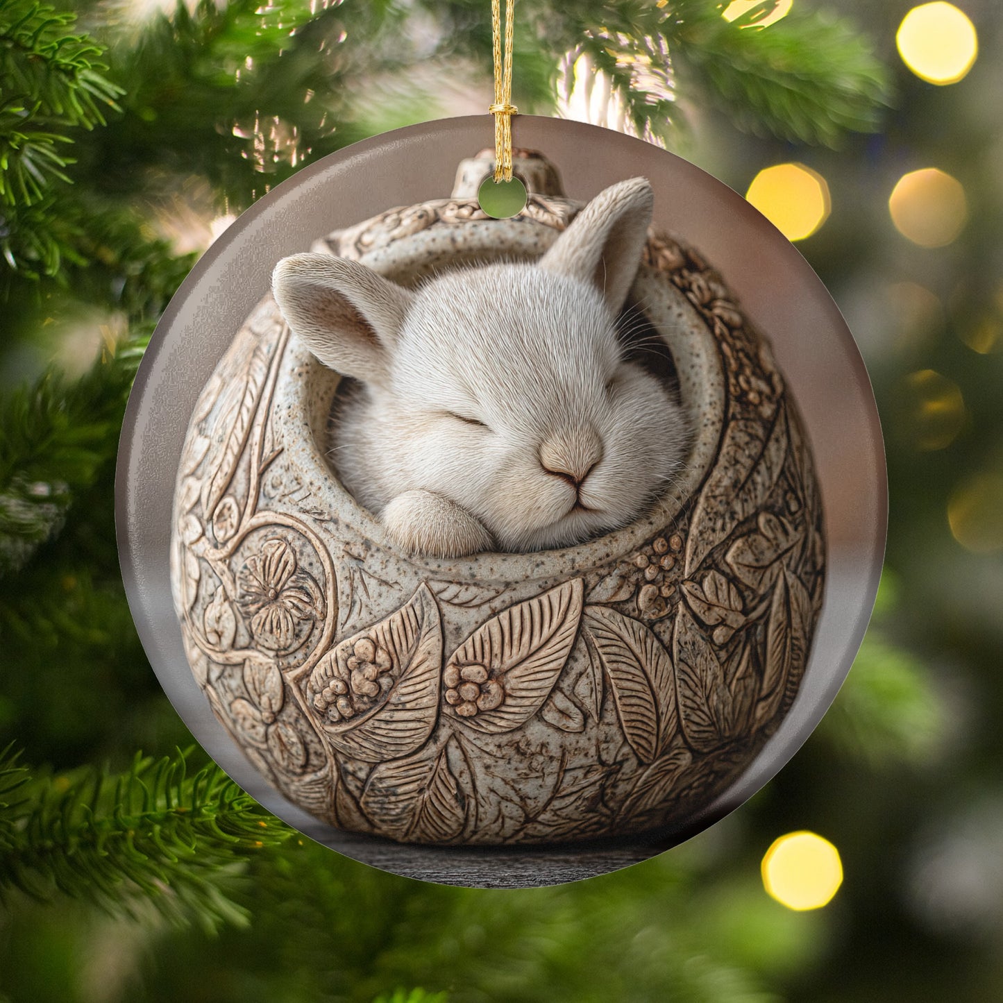 Cute Bunny Sleeping in Decorated Egg Ornament
