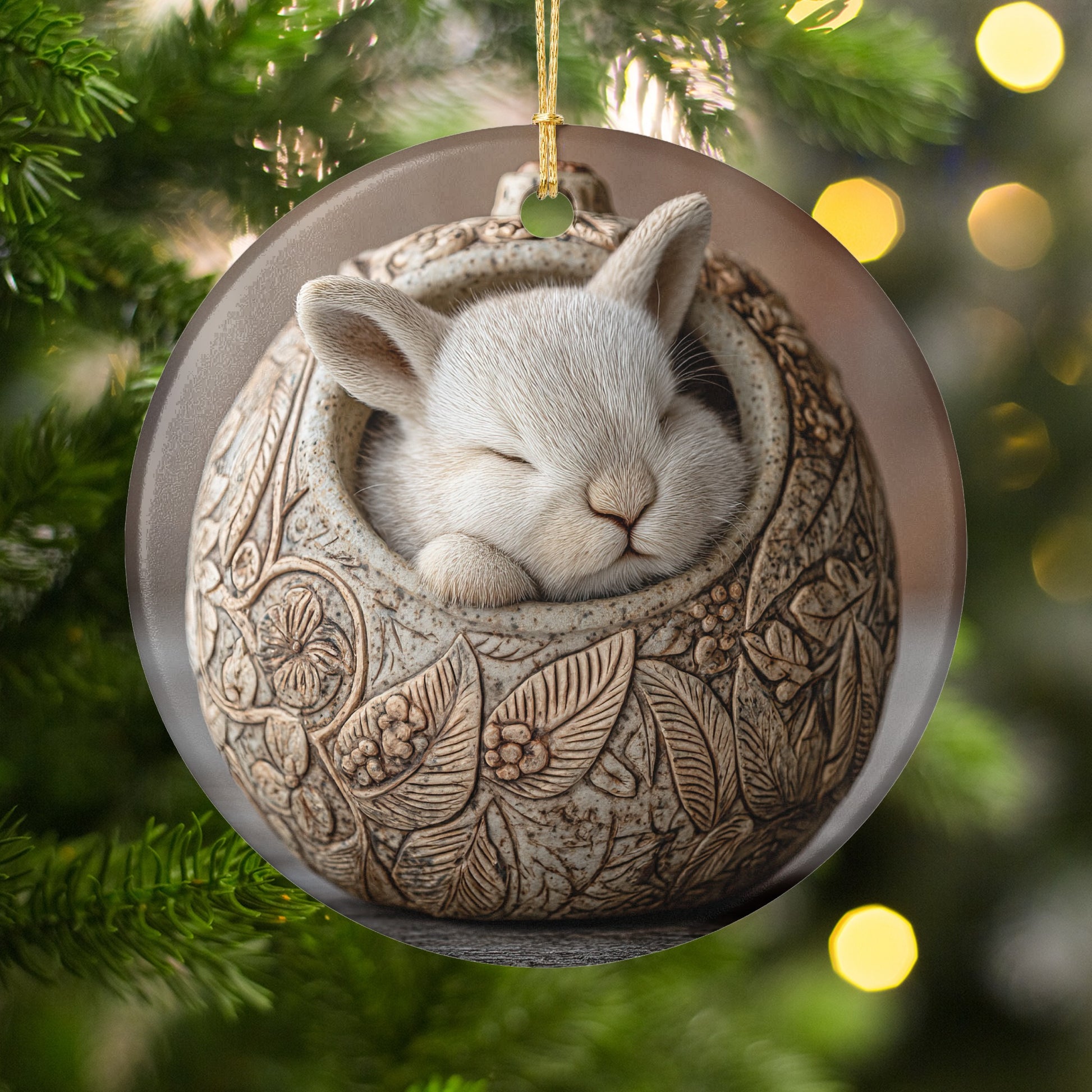 Cute Bunny Sleeping in Decorated Egg Ornament