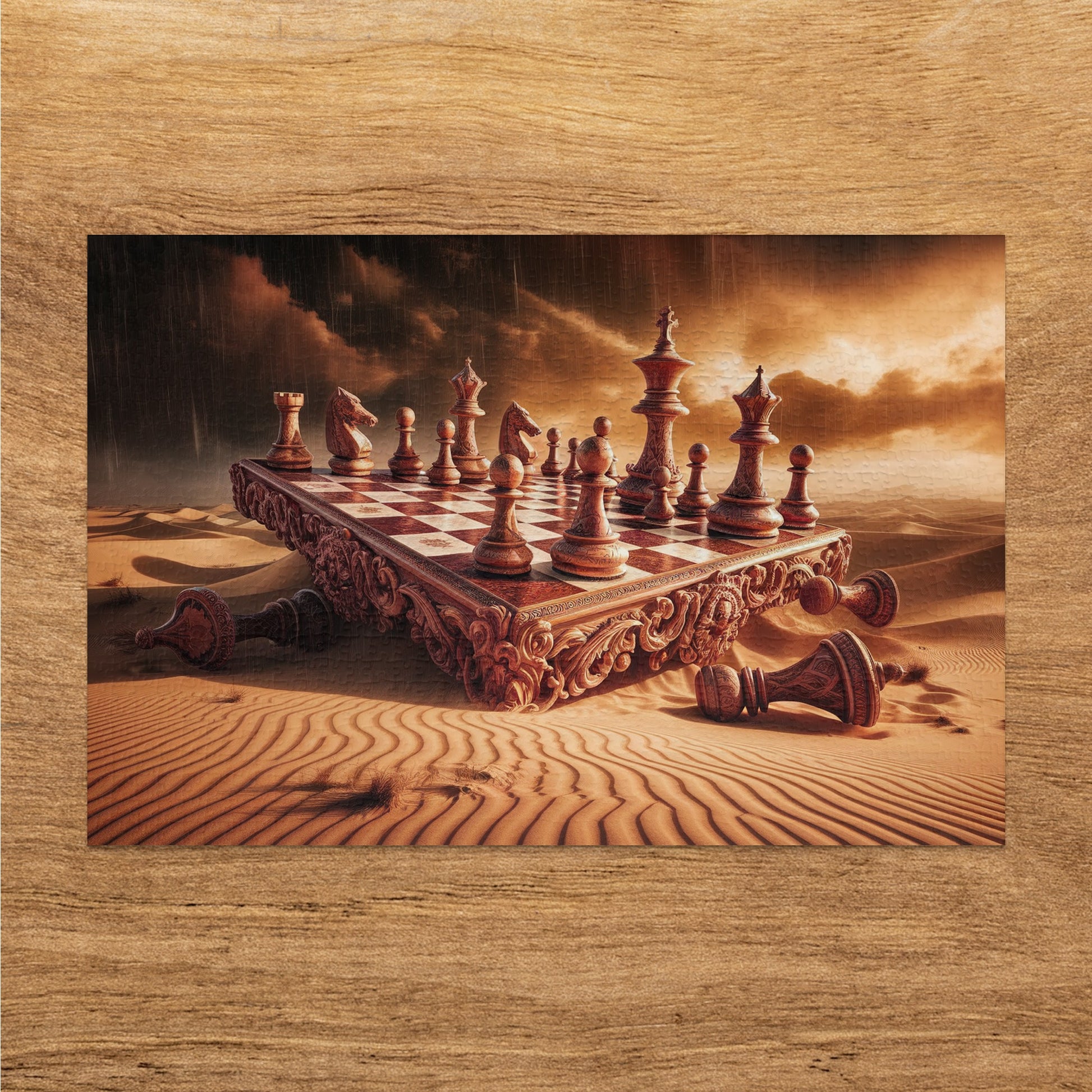 Chess pieces scattered on a desert battlefield under a stormy sky.