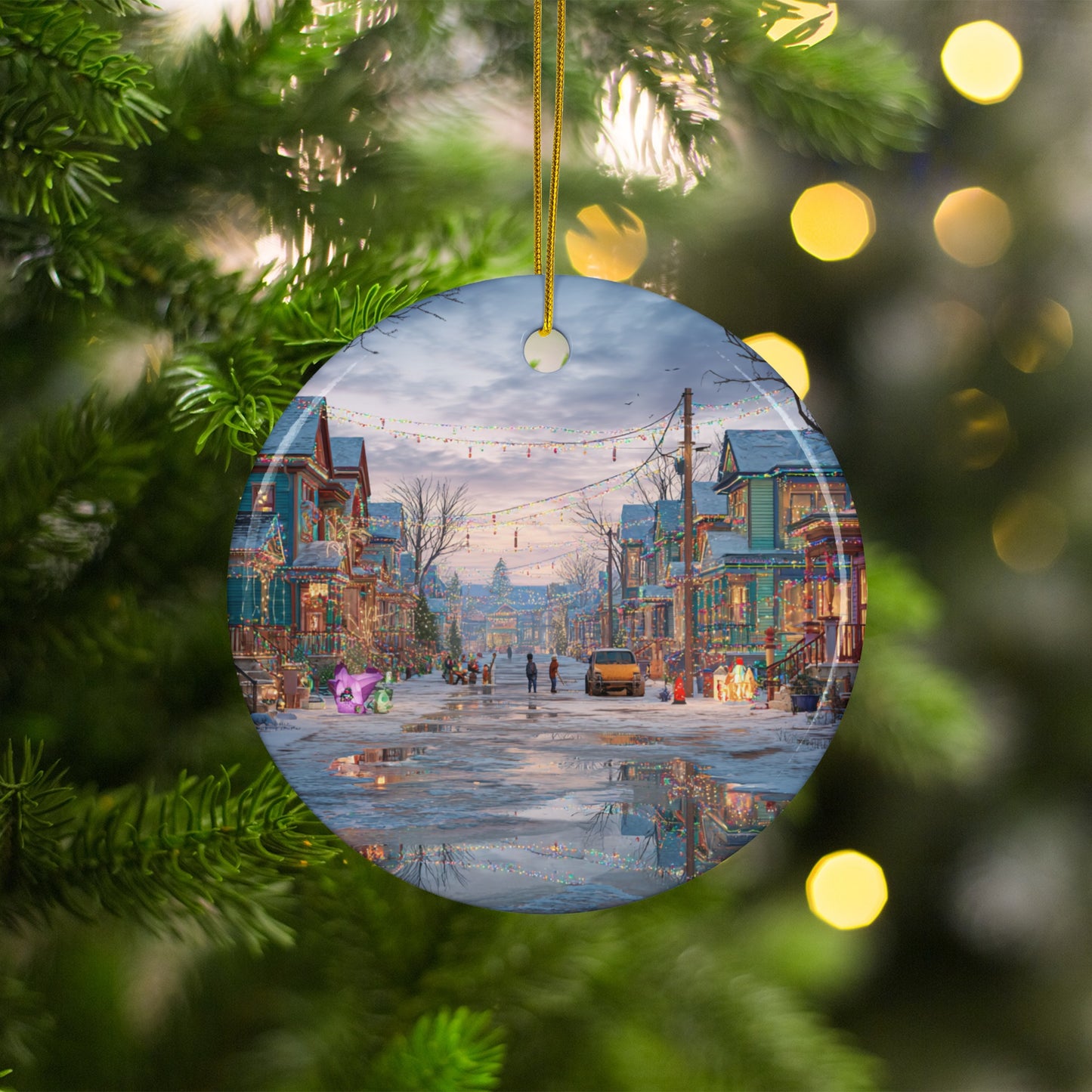 Festive winter street scene holiday ornament